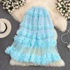 High Waist Slimming Mesh Skirt Elastic Band Over Knee Skirt Irregular Fungus Edge Super fairy Cake Skirt With Lining