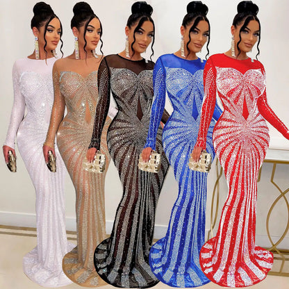 Summer Trending Elegant Club Evening Gown for Women Ladies Rhinestone Waistline Dress Diamond Club Dresses Plus Size