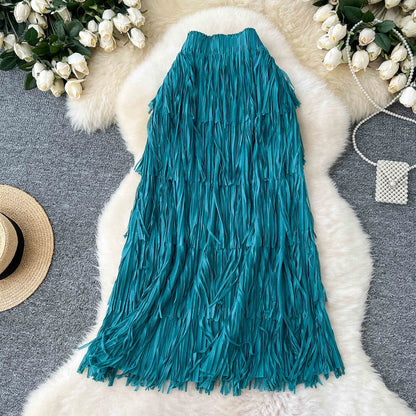 Spring Pleated Tassel Skirt Women Elegant High Waist Office Lady Skirts