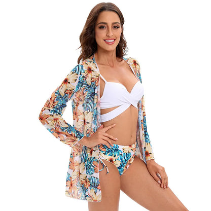 JSN5001 Manufacturer High Waist Floral Vneck Backless Summer Coverups Three Piece Swimwear Set Custom Women Bikini