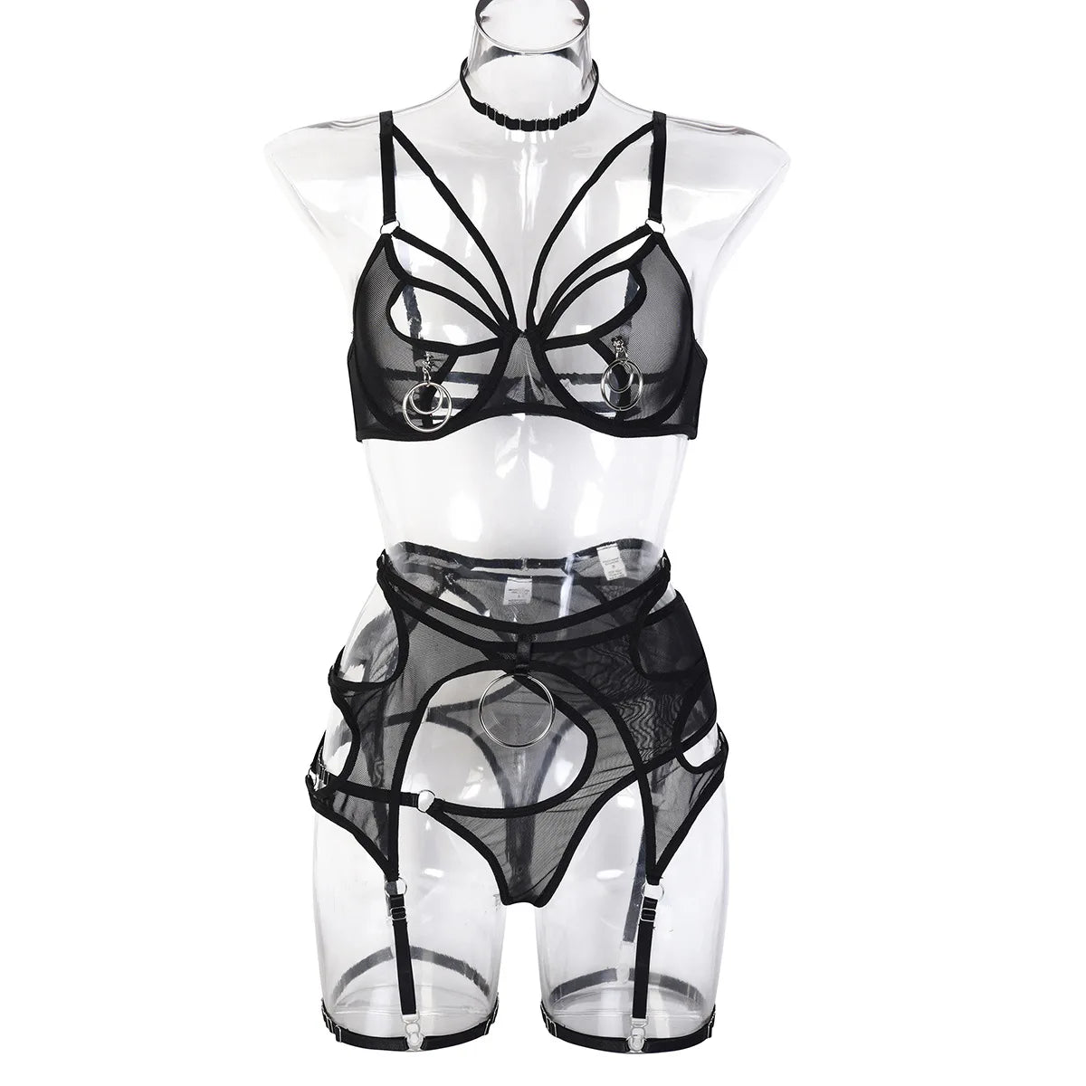 High Quality Sexy Tulle Sheer High Waist Bra and Panty Sets Hollow Out Lace Breathable Mental Ring Steel Erotic Lingerie Women