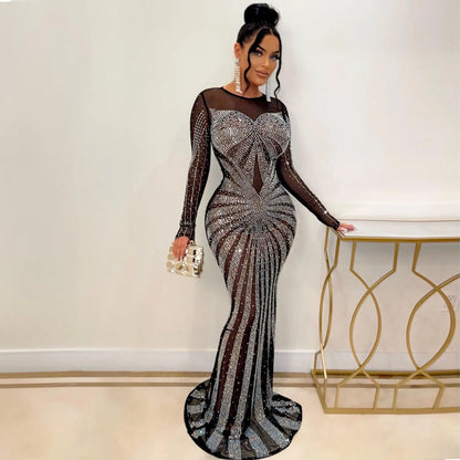 Summer Trending Elegant Club Evening Gown for Women Ladies Rhinestone Waistline Dress Diamond Club Dresses Plus Size