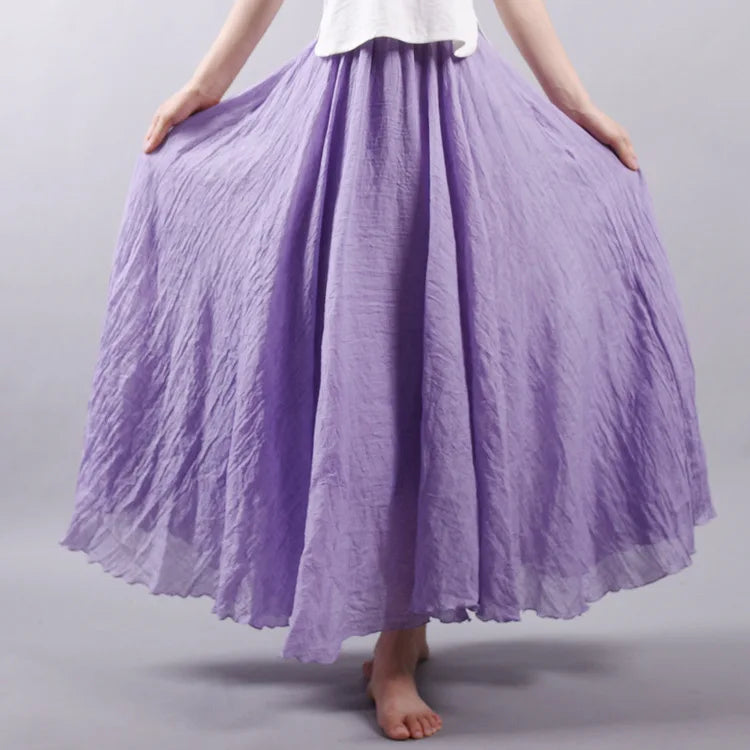 Women's Elegant High Waist Linen Maxi Skirt 2024 Summer Ladies Casual Elastic Waist 2 Layers Skirts saia feminina