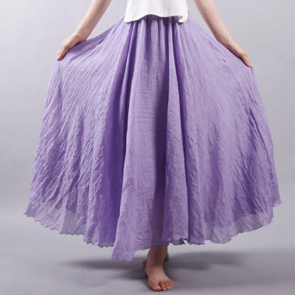 Women's Elegant High Waist Linen Maxi Skirt 2024 Summer Ladies Casual Elastic Waist 2 Layers Skirts saia feminina