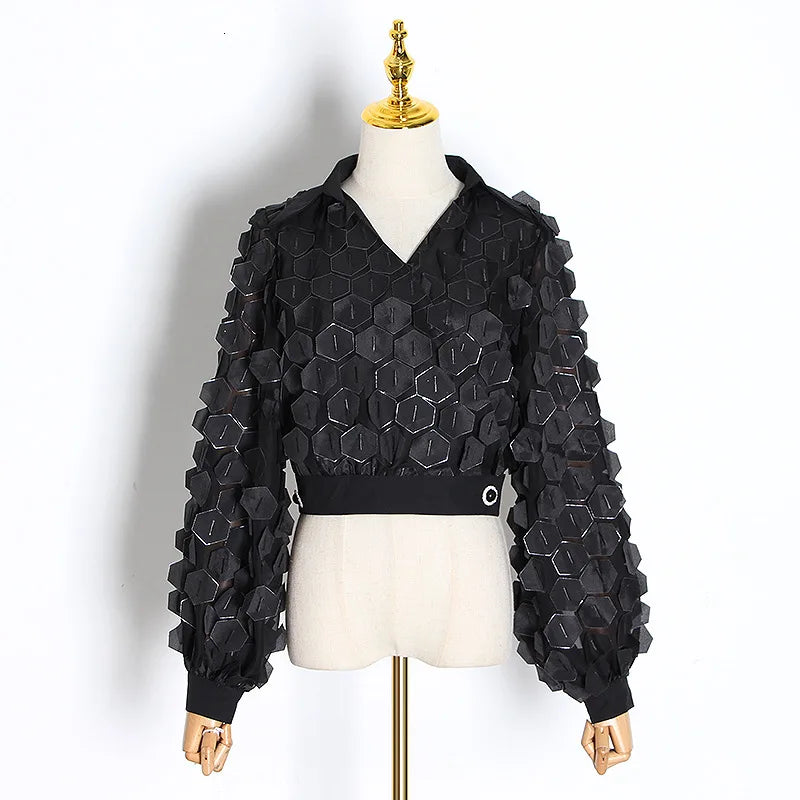Womens Shirts Blouse Stand Collar Long Sleeve Hollow Out Patchwork Lace Tops Female Spring Elegant Fashion