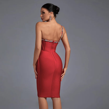 Ocstrade Fashion Design Women Elegant Solid Color Diamond Dress Sleeveless Bodycon Backless Zipper One Shoulder Party Dress