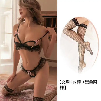 Sexy Pearl Three-piece Lace Open-crotch Bow Bra, Sweet and Girly Lingerie
