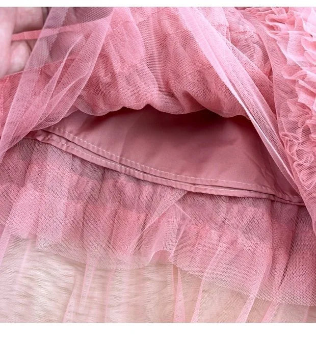 High Waist Slimming Mesh Skirt Elastic Band Over Knee Skirt Irregular Fungus Edge Super fairy Cake Skirt With Lining