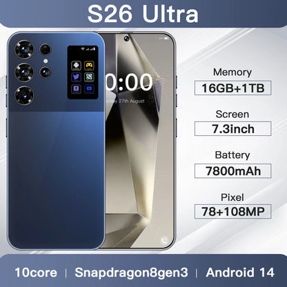 S26 Ultra Android Smartphone 7.3 Inch 16+1TB Big Screen 108MP Rear Camera Unlocked LTE Cellular Mobile Phones