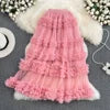 High Waist Slimming Mesh Skirt Elastic Band Over Knee Skirt Irregular Fungus Edge Super fairy Cake Skirt With Lining