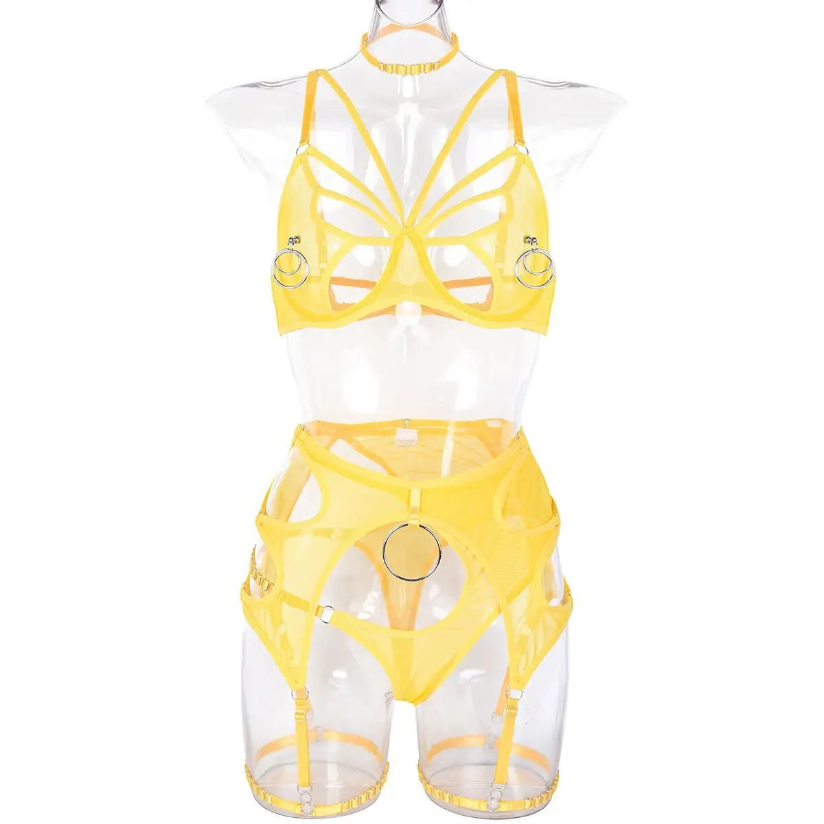 High Quality Sexy Tulle Sheer High Waist Bra and Panty Sets Hollow Out Lace Breathable Mental Ring Steel Erotic Lingerie Women