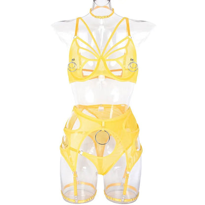 High Quality Sexy Tulle Sheer High Waist Bra and Panty Sets Hollow Out Lace Breathable Mental Ring Steel Erotic Lingerie Women