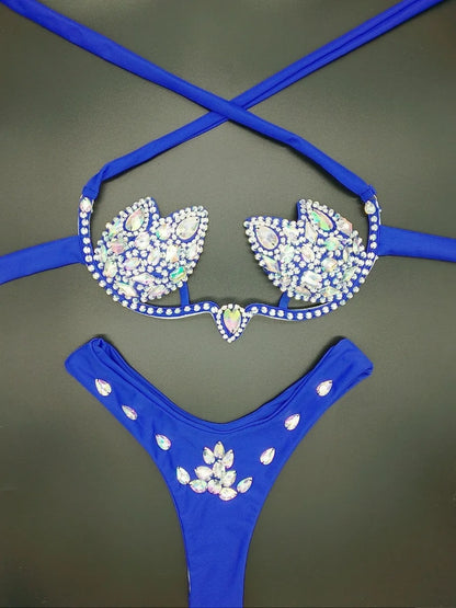 Designer Luxury Bikini Swimwear Girls Rhinestone Shiny Dance Wear Performance Stripper Outfit Swimsuits Beach Wear
