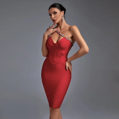 Ocstrade Fashion Design Women Elegant Solid Color Diamond Dress Sleeveless Bodycon Backless Zipper One Shoulder Party Dress
