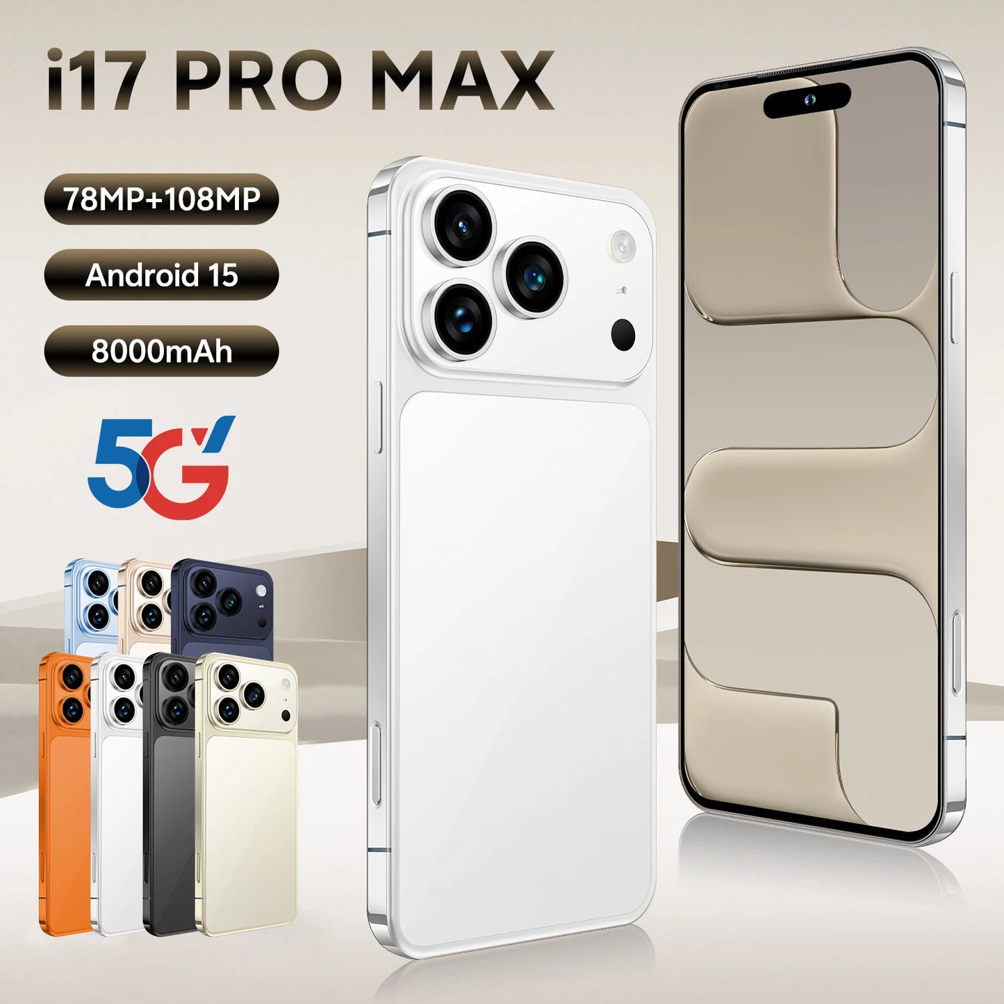 Global Version Unlocked 17 Pro Max 7.3Inch 5G Android 15 Smartphone 1TB Storage HD Screen Resolution CDMA LTE English Spanish
