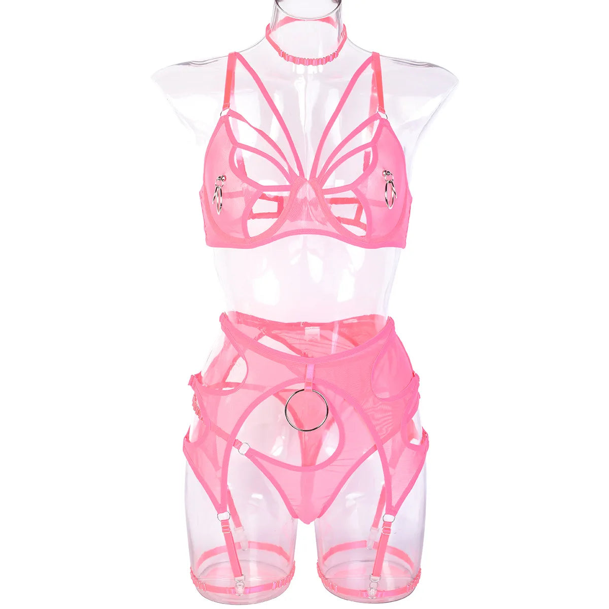 High Quality Sexy Tulle Sheer High Waist Bra and Panty Sets Hollow Out Lace Breathable Mental Ring Steel Erotic Lingerie Women