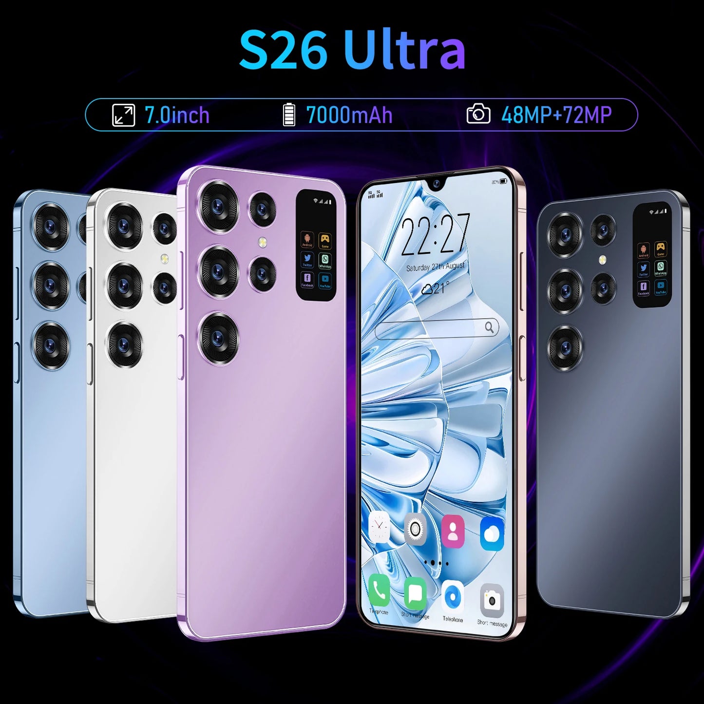 Original S26 5G Smartphone HD 7\" 4K Screen 16G+1T 7000mAh Battery 108MP Dual SIM Face Unlock 48MP Rear LTE/CDMA Cellular Mobile