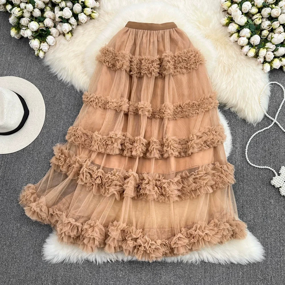 High Waist Slimming Mesh Skirt Elastic Band Over Knee Skirt Irregular Fungus Edge Super fairy Cake Skirt With Lining