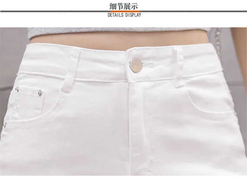 Black White Straight Stretch Denim Shorts Women Midi Jeans Summer Shorts Women Streetwear Hole Ripped High Waist Shorts C7336