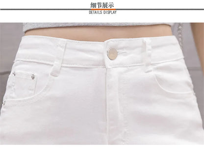 Black White Straight Stretch Denim Shorts Women Midi Jeans Summer Shorts Women Streetwear Hole Ripped High Waist Shorts C7336