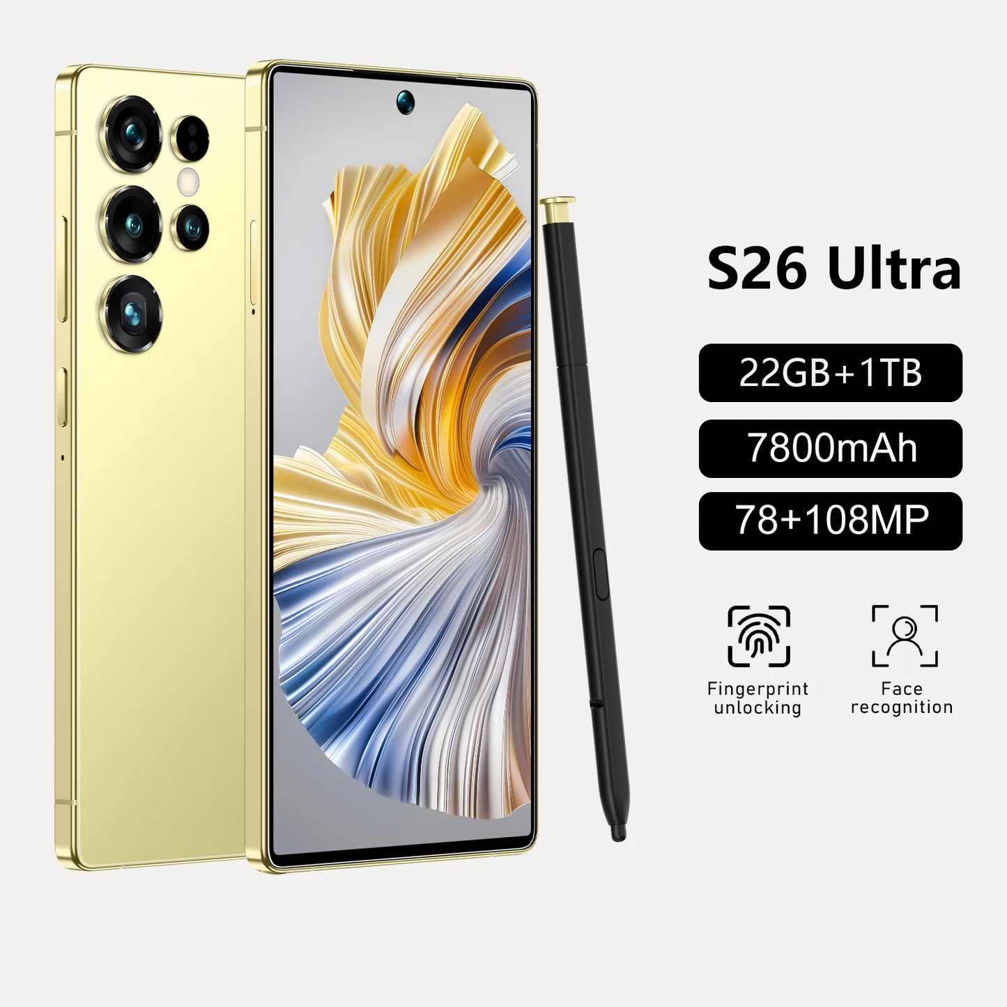 Les S26 Ultra Original 5G Waterproof Android 14 Smartphone 7.3\" HD Screen 108MP Rear 22GB+1TB Memory Global Elite Unlocked 14