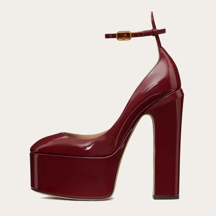 Fashion Thick Sole Pumps Block High Heel Round Toe Ankle Strap Women Dress Shoes Platform Patent Big Size 43