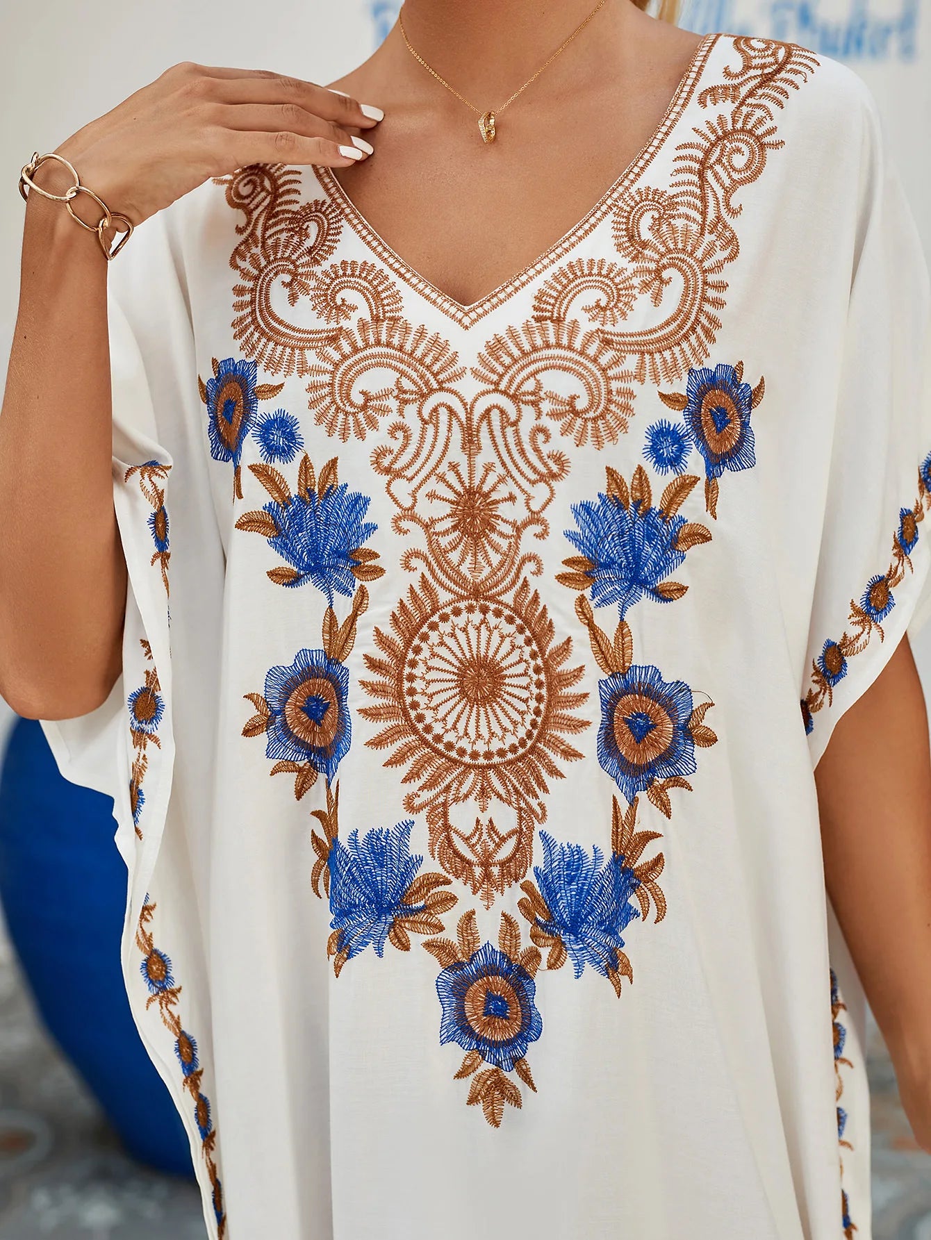 Beautiful Floral Print White Rayon Kaftan Dress V-Neck 3-Piece Set for Holiday Beach Wear