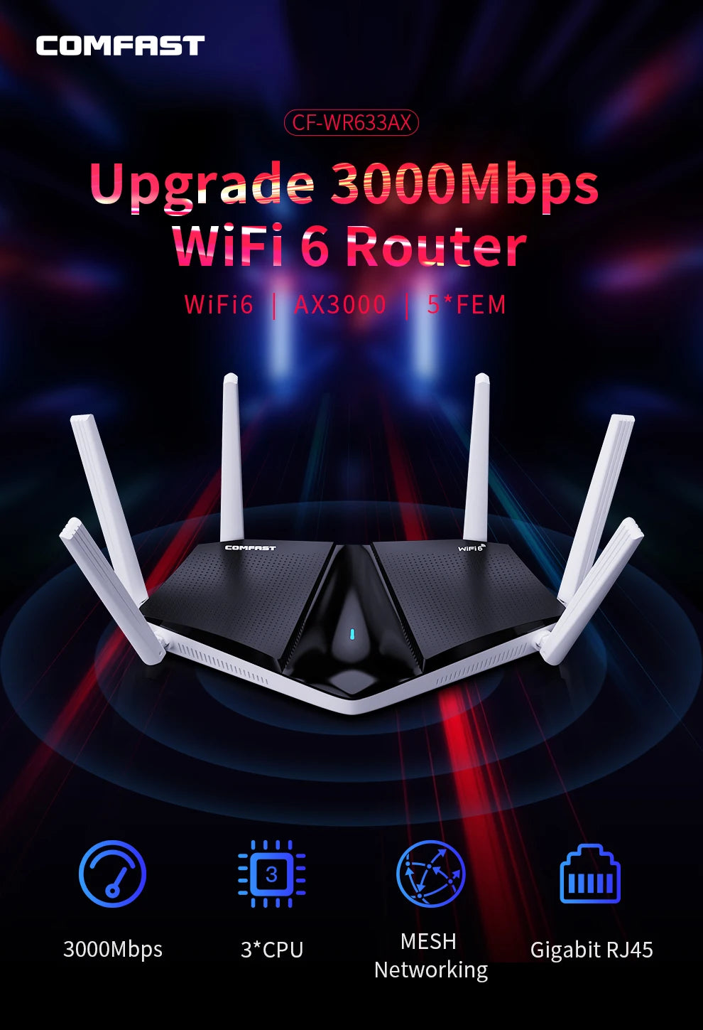 3000Mbps WiFi6 Router with 16 Devices Compatibility WPS Enabled Mesh Wi-Fi System Power Routers