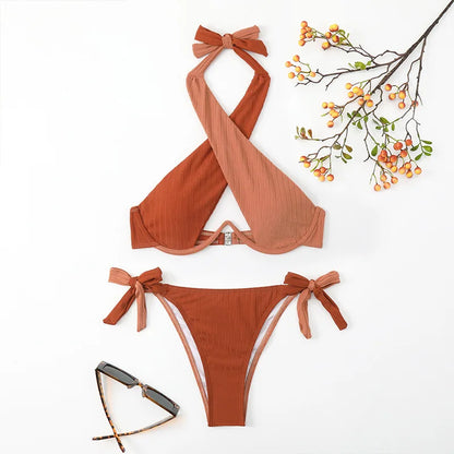 Sexy Drawstring Bandage Bikini Set 2025 Swimwear Women Two Pieces Swimsuit Cross Halter Push up Bikinis Beach Wear Bathing Suit