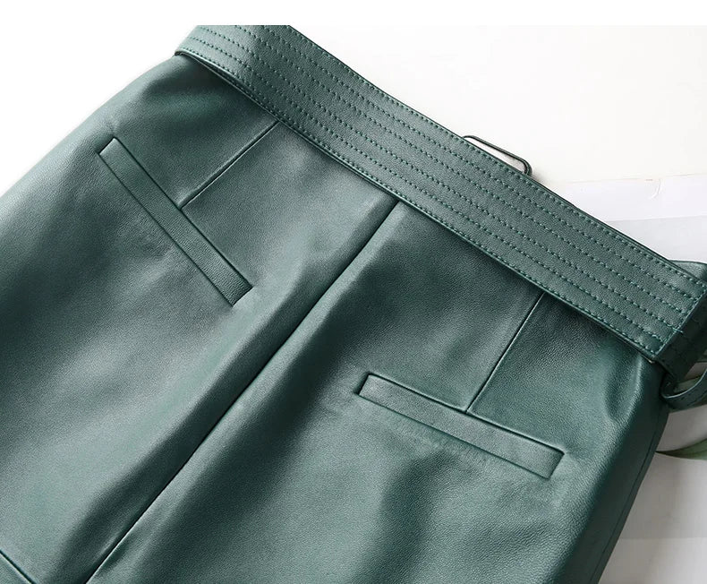 Women Lace-up Genuine Leather Skirt Female Winter Pure Sheep Skin Knee Length Saias With Belt Feminina Neat Stitches Wrap Jupe