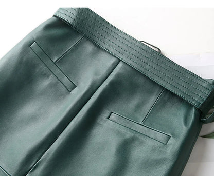 Women Lace-up Genuine Leather Skirt Female Winter Pure Sheep Skin Knee Length Saias With Belt Feminina Neat Stitches Wrap Jupe