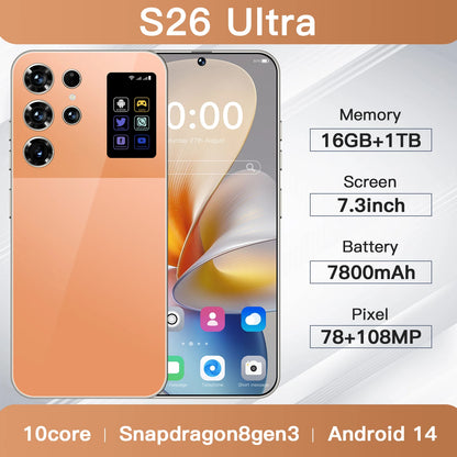 S26 Ultra Android Smartphone 7.3 Inch 16+1TB Big Screen 108MP Rear Camera Unlocked LTE Cellular Mobile Phones