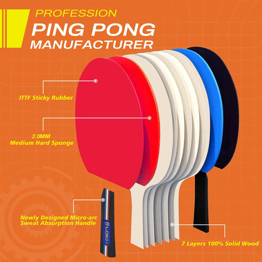 Loki 7 Ply Pingpong Paddle Set Wholesale 4 Bats 6 Balls Table Tennis Racket Set for Outdoor Games
