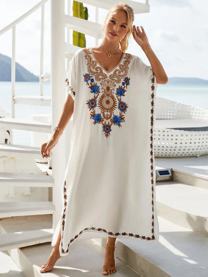 Beautiful Floral Print White Rayon Kaftan Dress V-Neck 3-Piece Set for Holiday Beach Wear