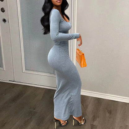 Women Long Dresses With Long Sleeve Ribbed Square Neck Dress Spring Party Club Xs Maxi Bodycon Dress