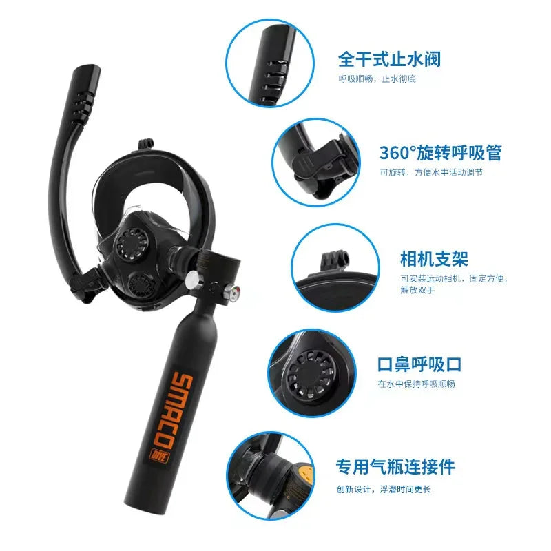 Underwater  Mini Scuba Tank Set with Snorkel Mask 0.5L Portable with Full Face Diving Mask  with High Pressure Pump