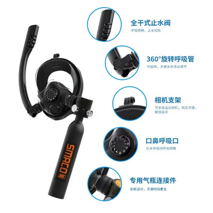 Underwater  Mini Scuba Tank Set with Snorkel Mask 0.5L Portable with Full Face Diving Mask  with High Pressure Pump