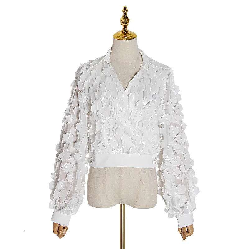Womens Shirts Blouse Stand Collar Long Sleeve Hollow Out Patchwork Lace Tops Female Spring Elegant Fashion