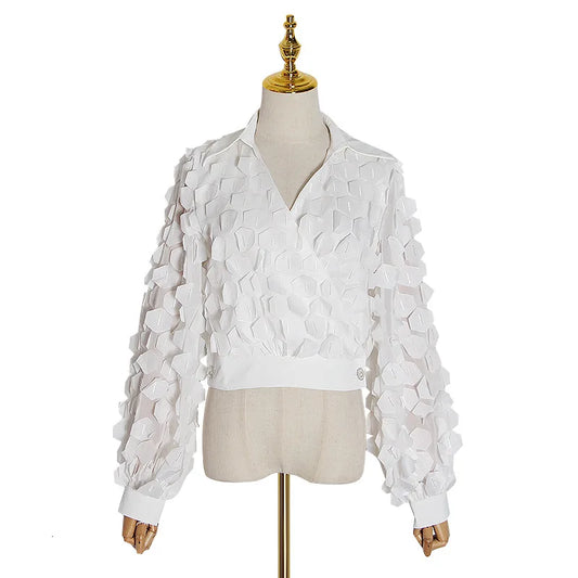 Womens Shirts Blouse Stand Collar Long Sleeve Hollow Out Patchwork Lace Tops Female Spring Elegant Fashion