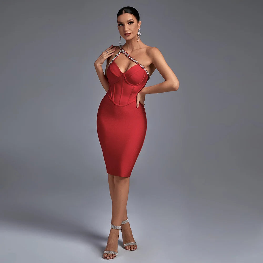 Ocstrade Fashion Design Women Elegant Solid Color Diamond Dress Sleeveless Bodycon Backless Zipper One Shoulder Party Dress