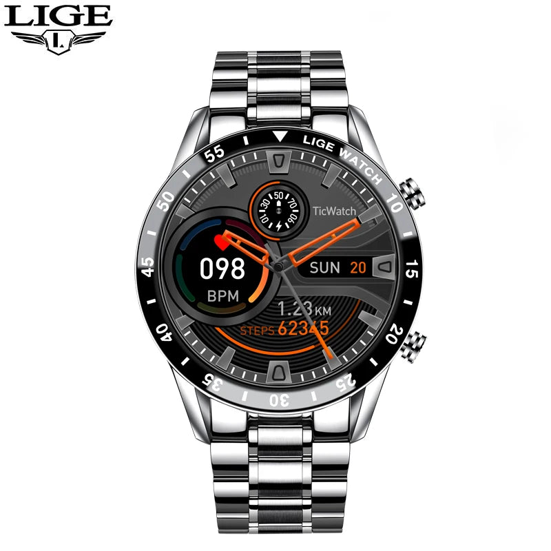 LIGE 2024 Full Circle Touch Screen Steel Band Luxury Bluetooth Call Men Smart Watch Waterproof Sport Activity Fitness Watch+Box