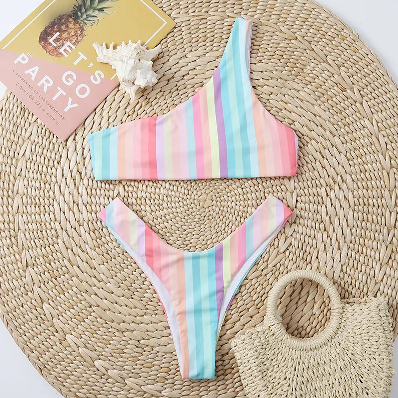 New Style Two Piece Women Beach Wear High Waist Thong Bikini Set Rainbow Swimwear Beachwear
