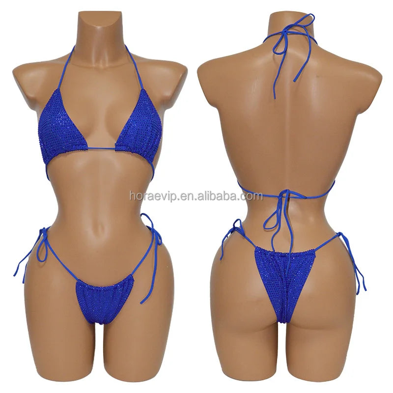 S573 Factory Supply Full Rhinestone Swimwear Swimsuit Two Pieces Sexy Bikini Neon Green Crystal Swimming Bathing Suit for Girl
