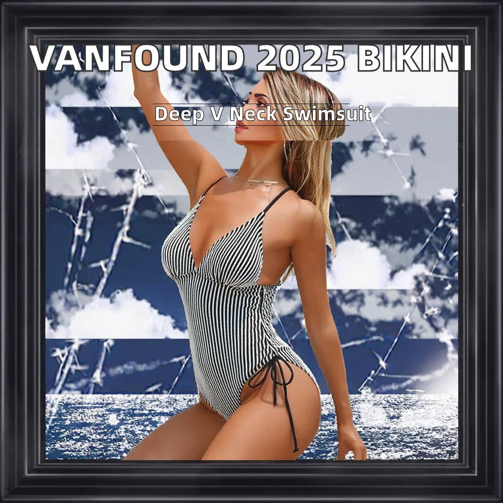 Vanfound 2025 Micro Bikini Sexy Strapless 1-Piece Swimsuit with Quick Dry Logo Waist Print Striped Fabric Size XL