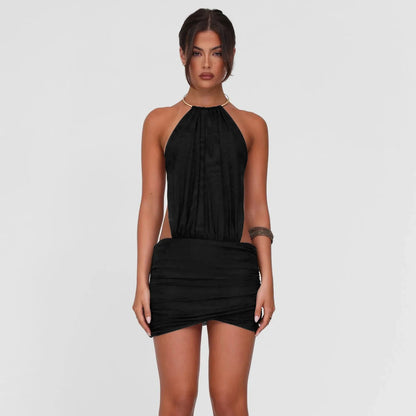 Women's Eco-Friendly Washable Breathable Casual Summer Plain Dyed Solid Knitted Backless Bodycon Elastic Waist Wrap Hem Dress