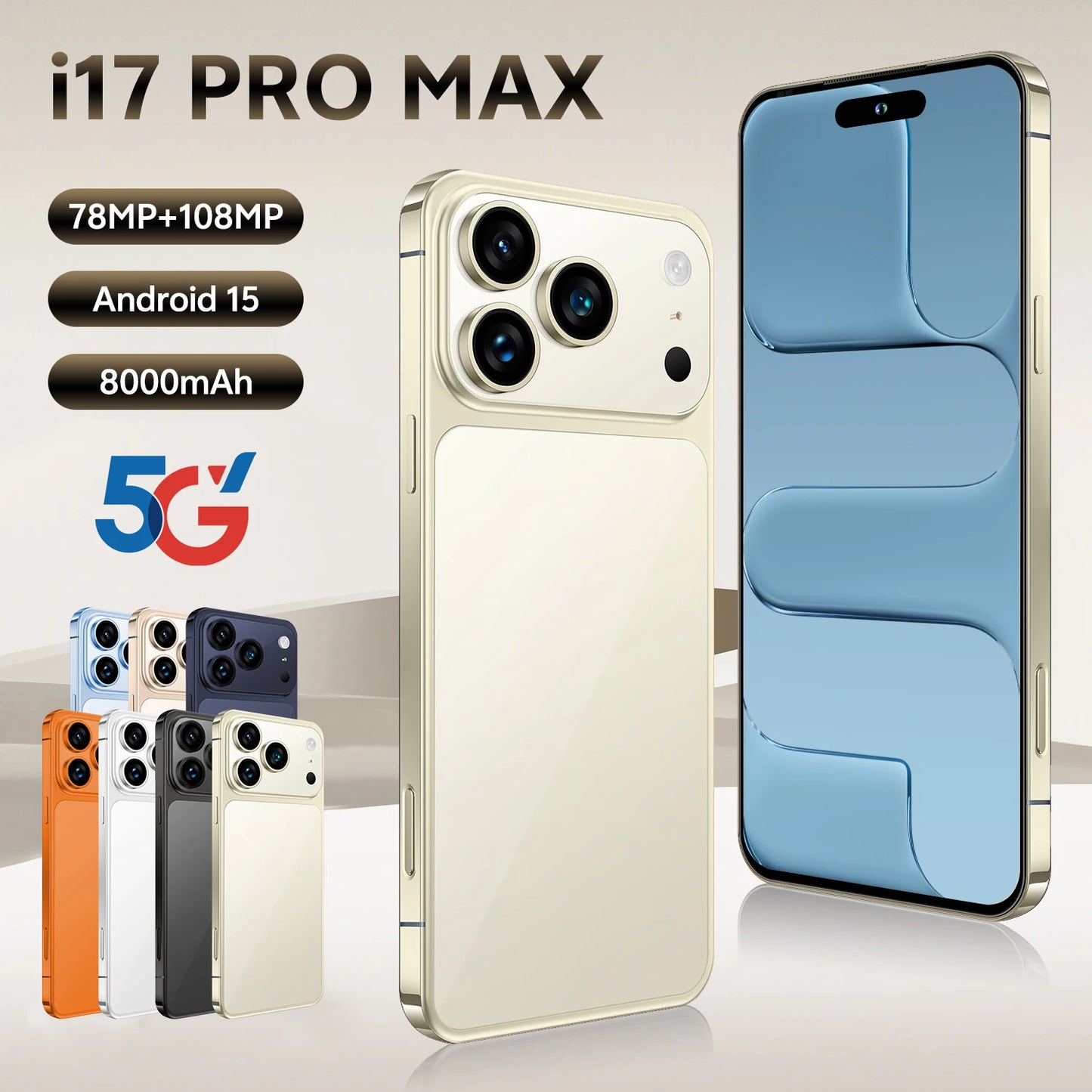 Global Version Unlocked 17 Pro Max 7.3Inch 5G Android 15 Smartphone 1TB Storage HD Screen Resolution CDMA LTE English Spanish