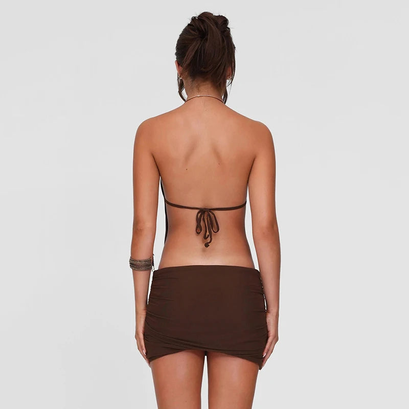 Women's Eco-Friendly Washable Breathable Casual Summer Plain Dyed Solid Knitted Backless Bodycon Elastic Waist Wrap Hem Dress
