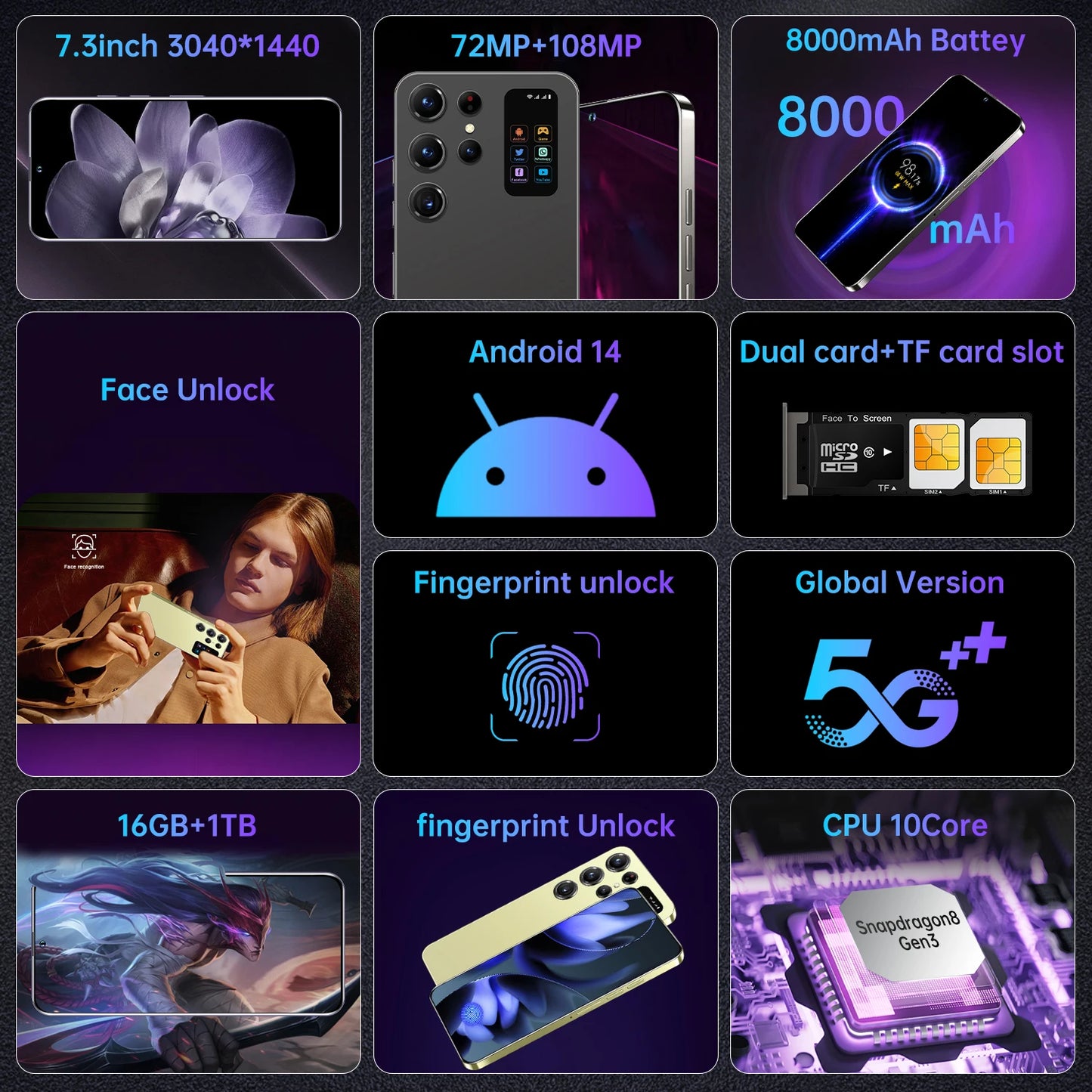 Hot Selling S26 ultra Original 7.3Inch 16GB+1TB Android 5G Smartphones Unlocked Cellular CDMA/LTE for Gaming