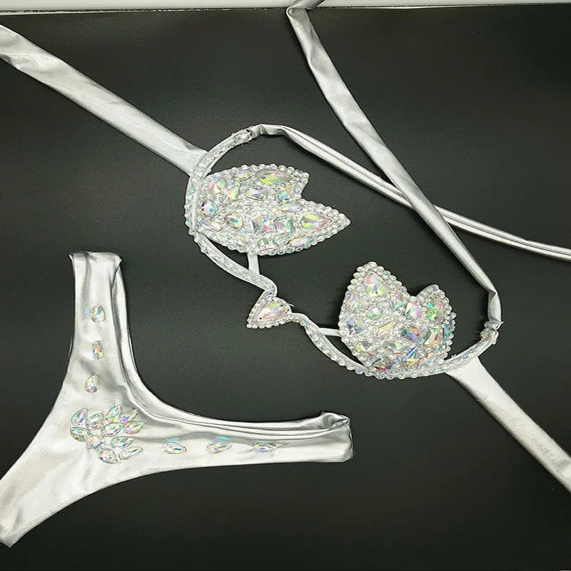 Designer Luxury Bikini Swimwear Girls Rhinestone Shiny Dance Wear Performance Stripper Outfit Swimsuits Beach Wear