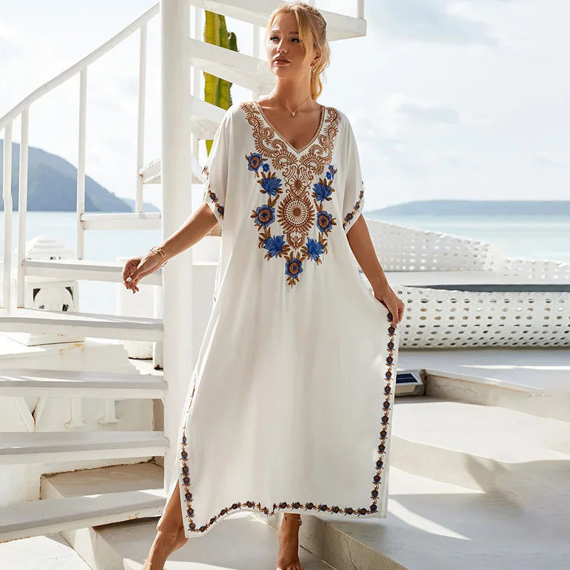 Beautiful Floral Print White Rayon Kaftan Dress V-Neck 3-Piece Set for Holiday Beach Wear
